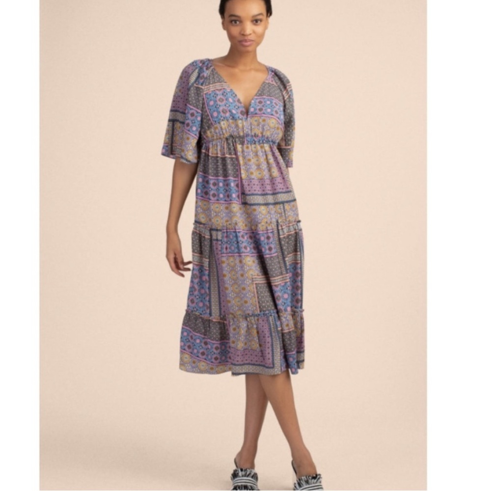 Trina Turk Sivas Boho Patchwork Multicolor V-neck Midi Dress - Large